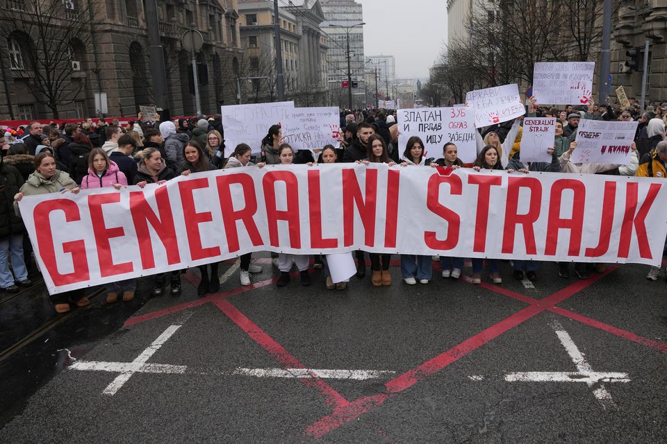 The march commemorates 15 victims killed after a railway concrete canopy fell in November in Novi Sad (AP)