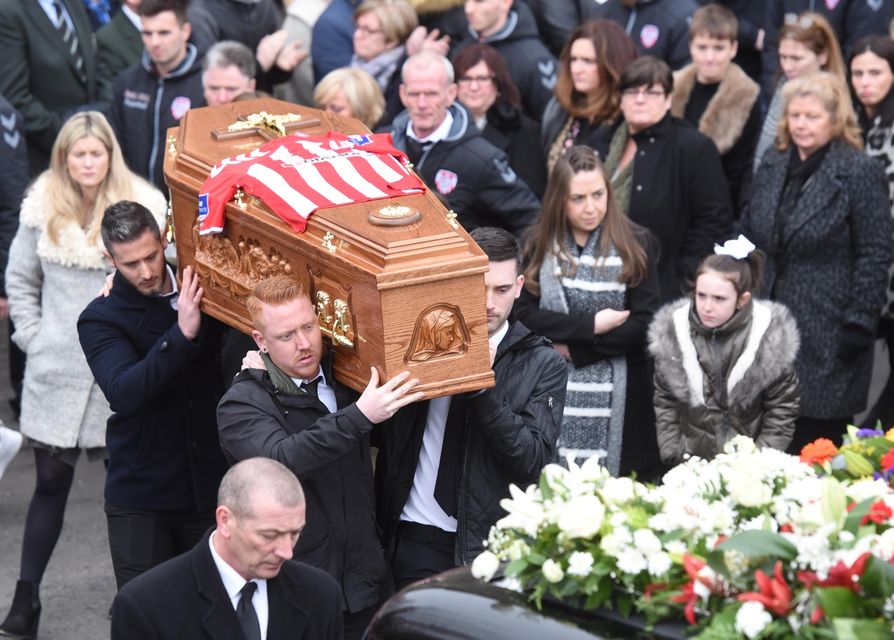 The Funeral of Derry City Player Ryan McBride takes place at St Columba's Church in Derry on Thursday. The 27-year-old footballer was found dead at home on Sunday, a day after he led his side in a 4-0 League of Ireland win over Drogheda United.
Pic Colm Lenaghan/Pacemaker