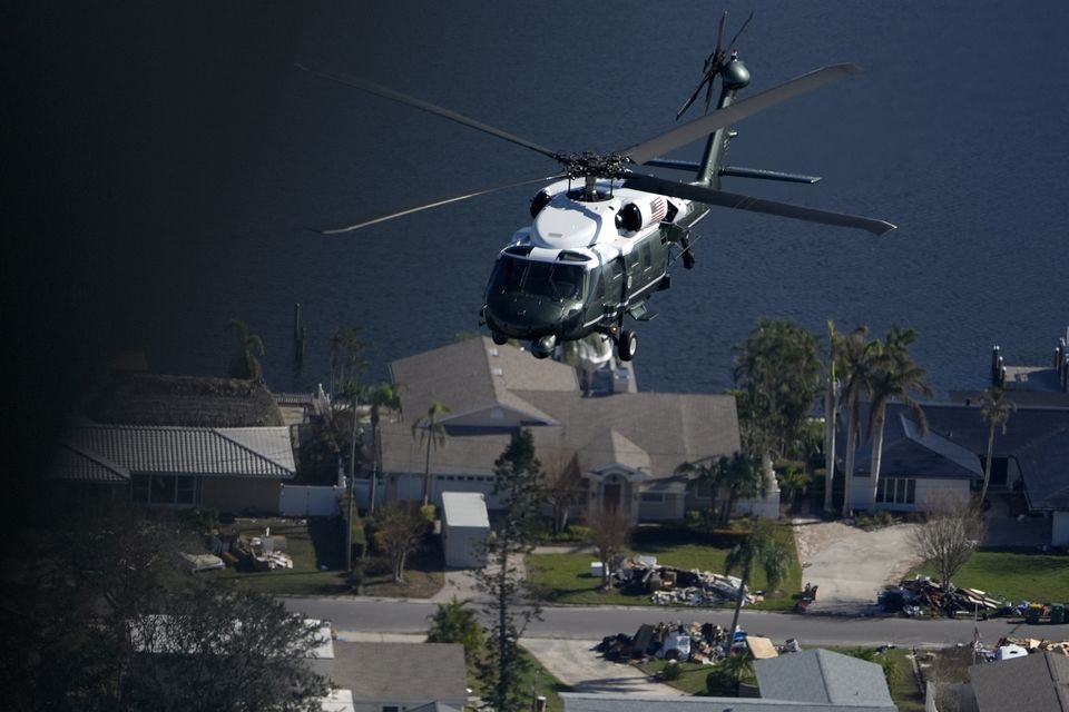 With President Joe Biden aboard, Marine One surveys areas affected by Hurricane Milton in Florida, from Tampa to St. Petersburg (Manuel Balce Ceneta/AP)