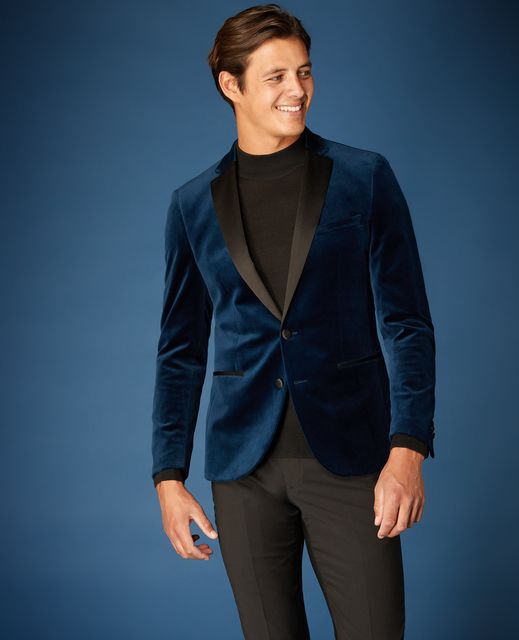 Dark blue slim fit velvet jacket with contrast satin lapel, £159