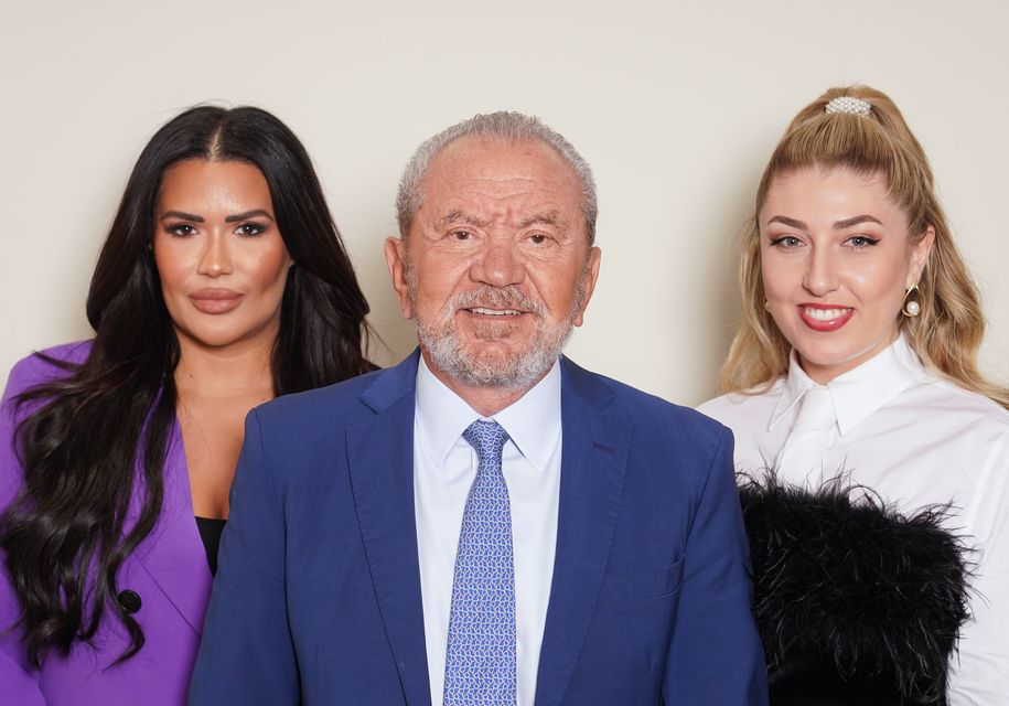 Lord Sugar with The Apprentice finalists Rochelle Anthony and Marnie Swindells (Ian West/PA)