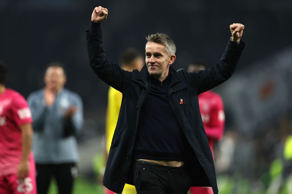 Ipswich manager Kieran McKenna celebrates victory after the final whistle (Steven Paston/PA)