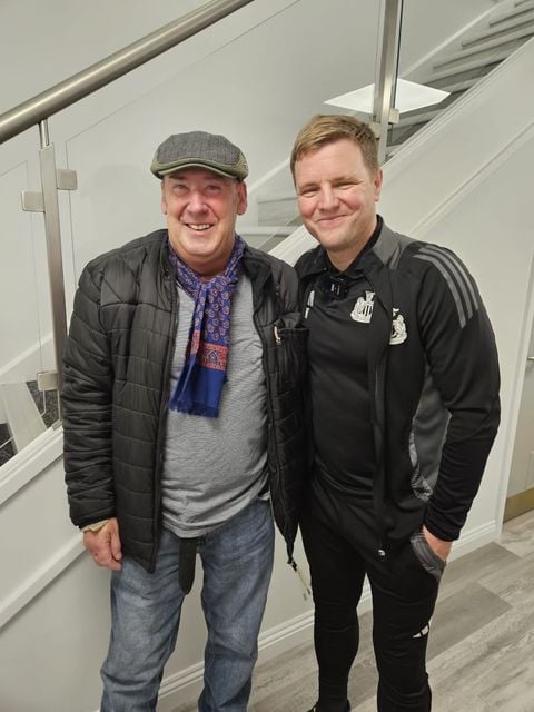 Steven Hunter meeting Newcastle United manager Eddie Howe (BBC Radio Newcastle/PA)