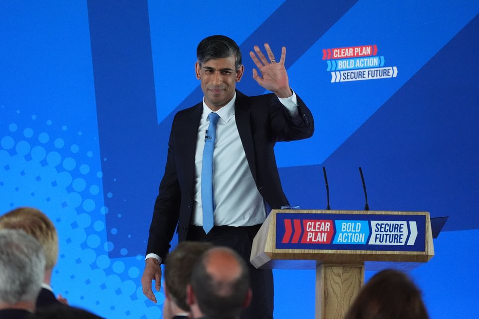 Prime Minister Rishi Sunak after launching the Conservative Party General Election manifesto at Silverstone in Towcester, Northamptonshire on Tuesday (James Manning/PA)