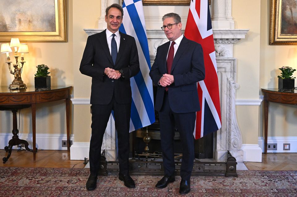 Sir Keir Starmer, right, with the prime minister of Greece, Kyriakos Mitsotakis at 10 Downing Street (Justin Tallis/PA)