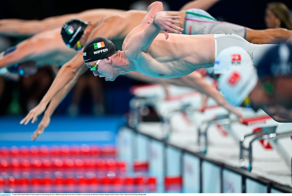 Daniel Wiffen in action during the men's 1500m freestyle final at the Paris La Défense Arena (David Fitzgerald/Sportsfile)