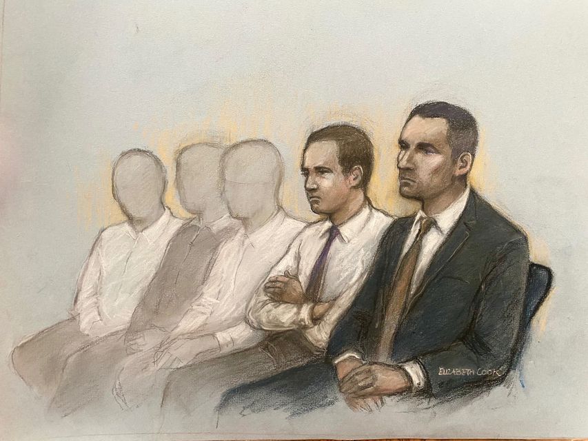 Court artist drawing of Antony Snook (right) sitting beside Riley Tolliver, 18, and teenagers aged 15, 16 and 17, who cannot be named for legal reasons at Bristol Crown Court (Elizabeth Cook/PA)