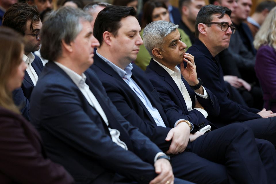 Regional mayors from across England, including Mayor of London Sadiq Khan, listening to Angela Rayner’s plans (Phil Noble/PA)