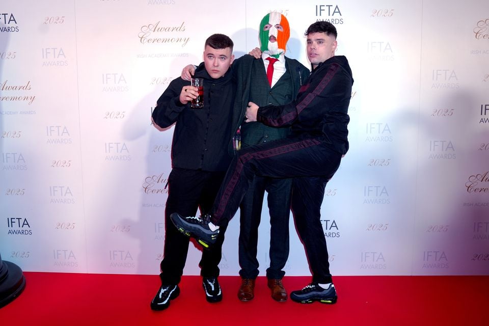 (left to right) members of Kneecap, Mo Chara, JJ O’Dochartaigh and Moglai Bap on the red carpet (Brian Lawless/PA)