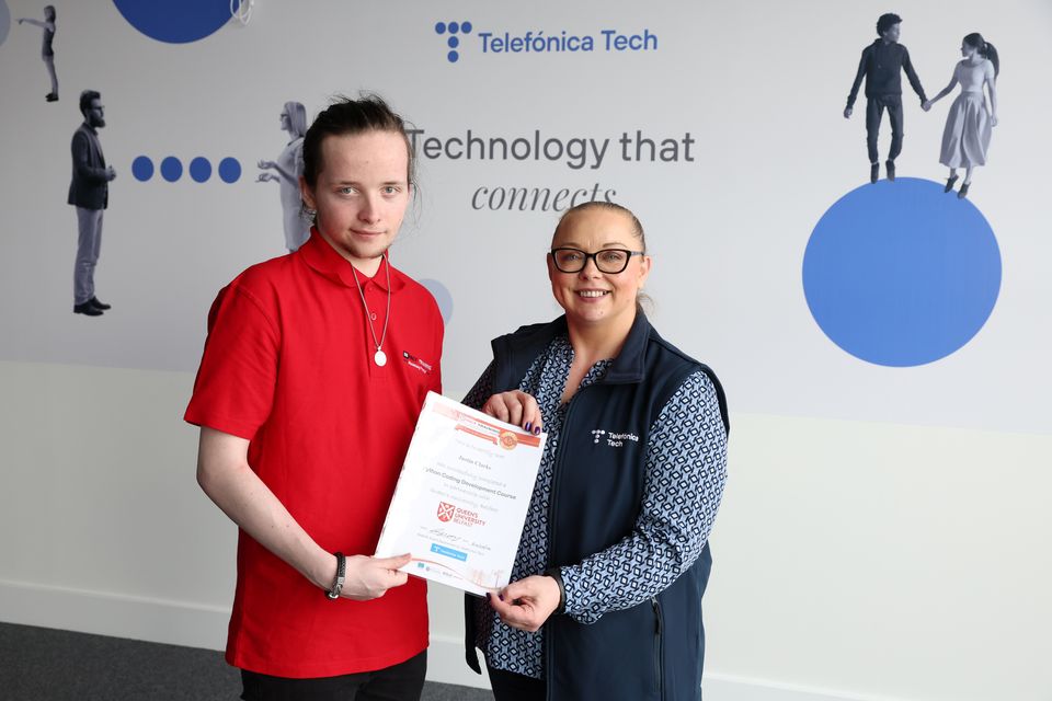 One of the graduates from Impact Training Justin Clarke with Ellen Dickson, VP of Enterprise Health at Telefónica Tech UK&I.