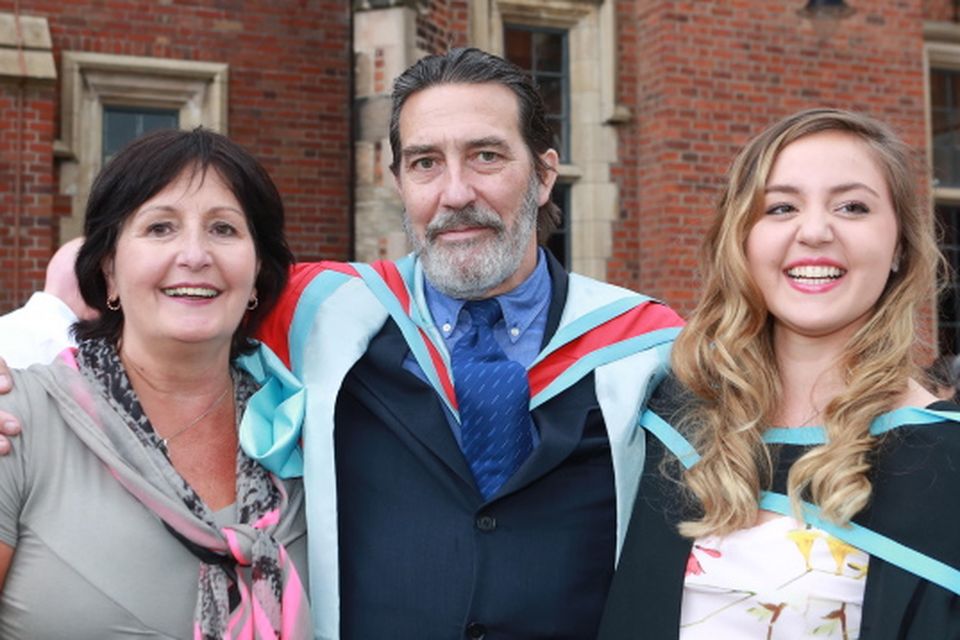 Catherine Wegwermer (L) cousin of Actor Ciaran Hinds and her daughter Ruth Claire (R)  (who graduated in Geography First Class) are reuinted after Ciaran was honoured at Queen's University Belfast. Photo/Paul McErlane