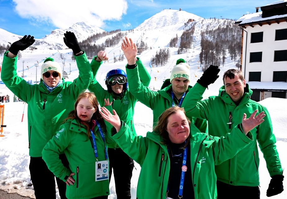 Team Ireland members Donal Brennan, Lorraine Whelan, Caolan McConville, Clive Healy, Máire Connelly and Lucy Best at the Special Olympics World Winter Games in Sestriere, Italy. Photo: Ray McManus/Sportsfile