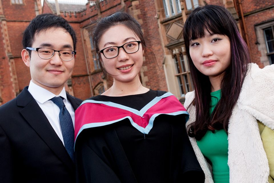 (L-R) Yikiang Ke, Lulu Bao and Ying King Shao from China celebrate Lulu's graduation at Queens's University. Lulu graduated with a Msc in TESOL (Teaching English to Speakers of Other Languages).