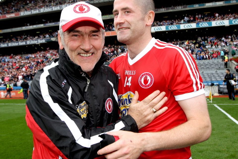 Tyrone manager Mickey Harte and Stephen O'Neill celebrate after the game