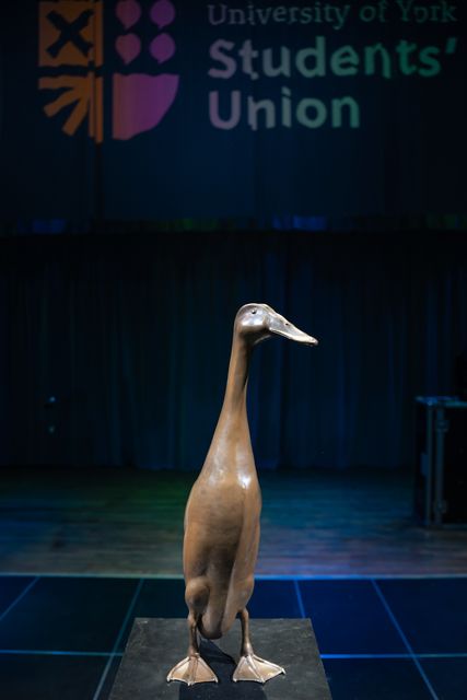 A statue has been unveiled of the extra-tall duck (University of York/PA)