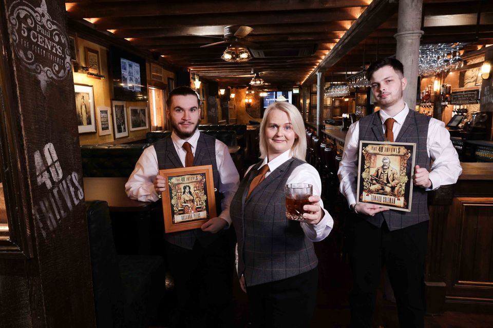 From left to right, employees Caoimhin Pearson, Padraig McGuckin and Paula McGeagh look forward to welcoming customers to Cookstown's newest bar, The 40 Thieves Tavern