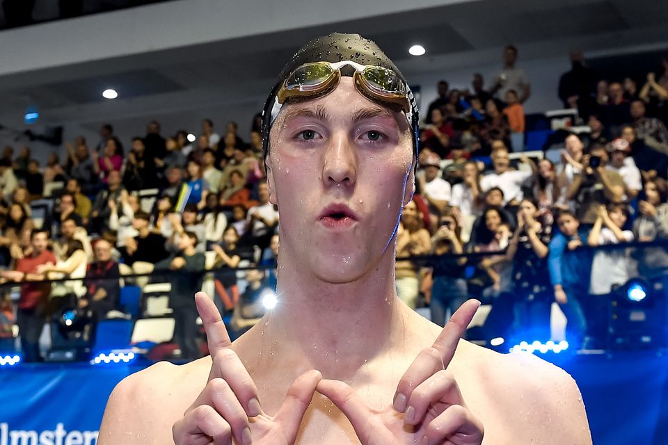 Daniel Wiffen celebrates breaking the Men’s 800m Freestyle word record and clinching European gold in December 2023