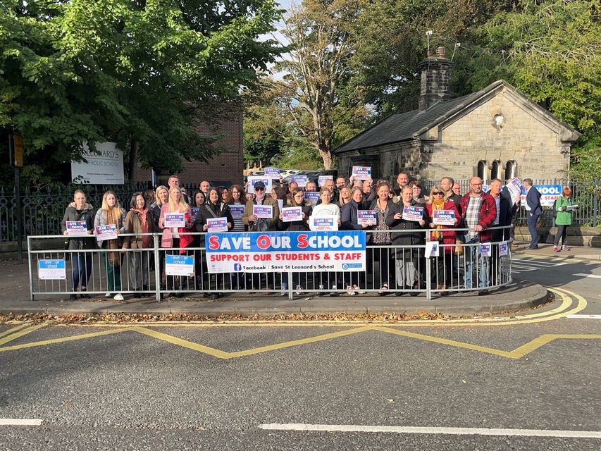 Parents demonstrate in support of St Leonard’s Catholic School, Durham, which has been disrupted by substandard reinforced autoclaved aerated concrete (Raac) (Tom Wilkinson/PA)