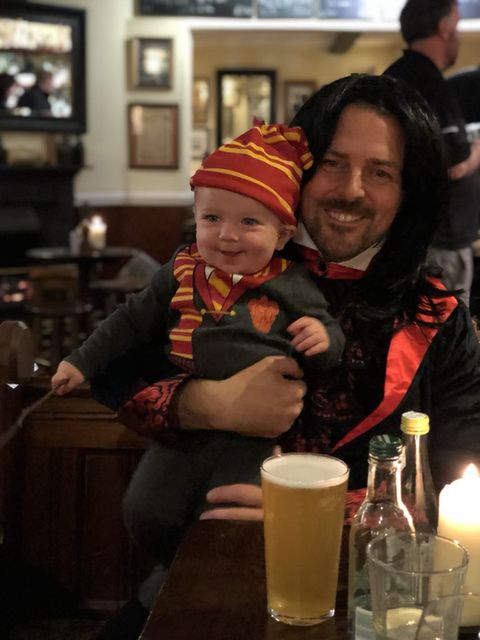 Richard Brown dressed as Harry Potter and his father Matthew as Severus Snape for Halloween 2018 (Matthew Brown/PA)