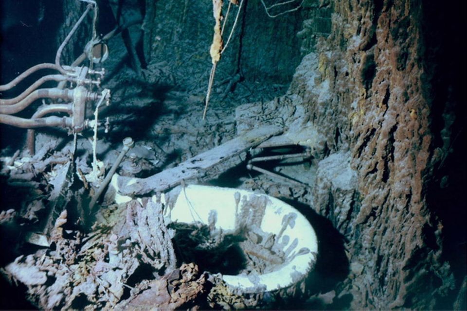 Pipes and the captain's bathtub are shown in this July 2003 photo, of what remains of the captain's cabin on the Titanic more than two miles underwater in the north Atlantic. Recent research dives to the legendary shipwreck are showing the vessel is deteriorating faster than earlier thought.