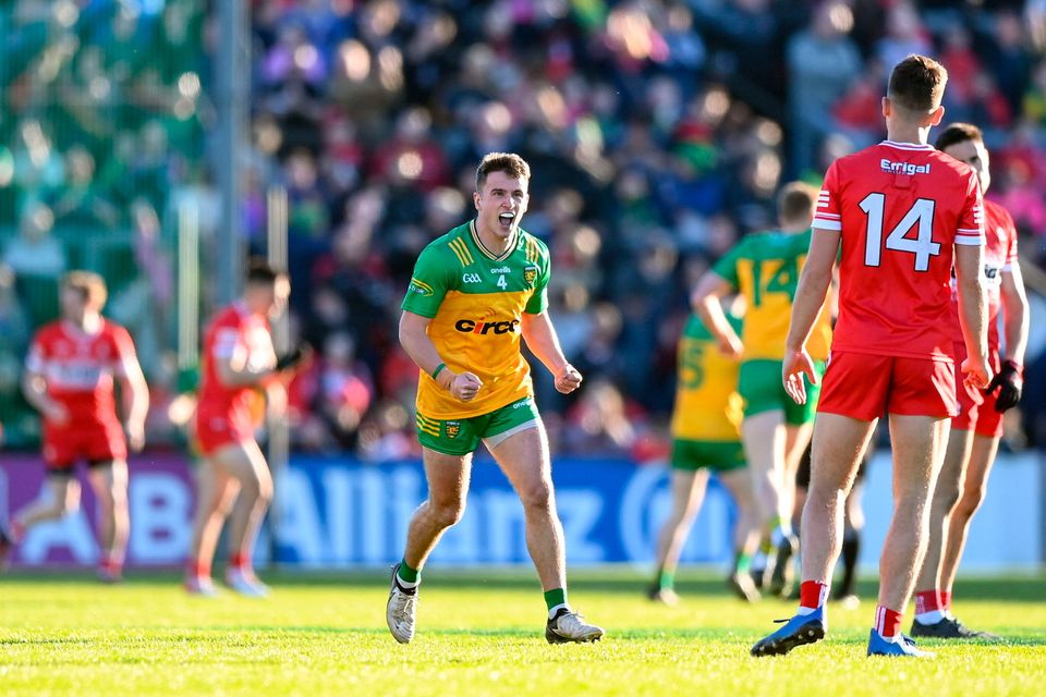 20 April 2024; Peadar Mogan of Donegal celebrates his side's second goal during the Ulster GAA Football Senior Championship quarter-final match between Derry and Donegal at Celtic Park in Derry. Photo by Stephen McCarthy/Sportsfile