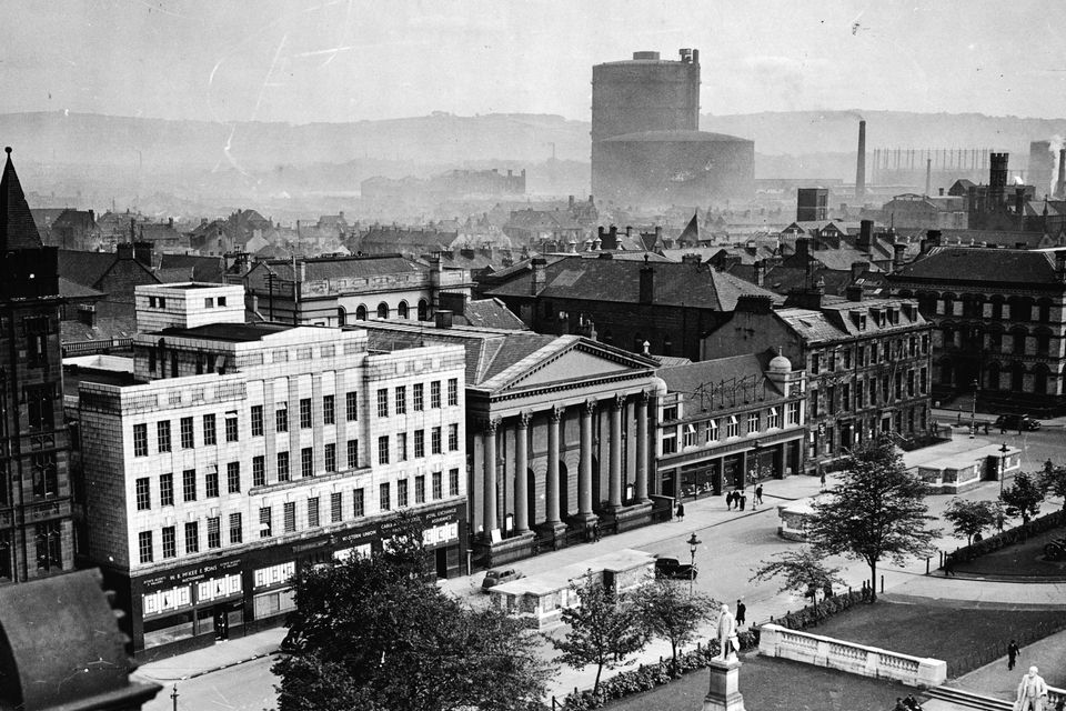 Donegall Square East, with air raid shelters, from the roof of the Robinson & Cleaver building, Belfast. Top of photo cut of by the censor. 22/9/1943
BELFAST TELEGRAPH COLLECTION/NMNI