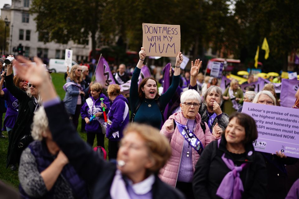 Waspi campaigners stage a protest on College Green in Westminster, London (Jordan Pettitt/PA)