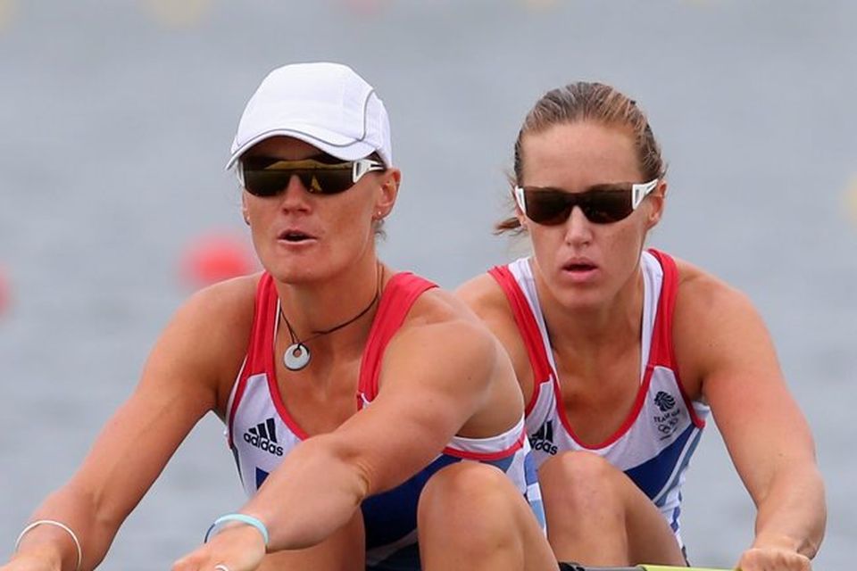 WINDSOR, ENGLAND - AUGUST 01:  (L-R) Heather Stanning and Helen Glover compete in the Women's Pair Final A during the Men's Single Sculls on Day 5 of the London 2012 Olympic Games at Eton Dorney on August 1, 2012 in Windsor, England.  (Photo by Alexander Hassenstein/Getty Images)
