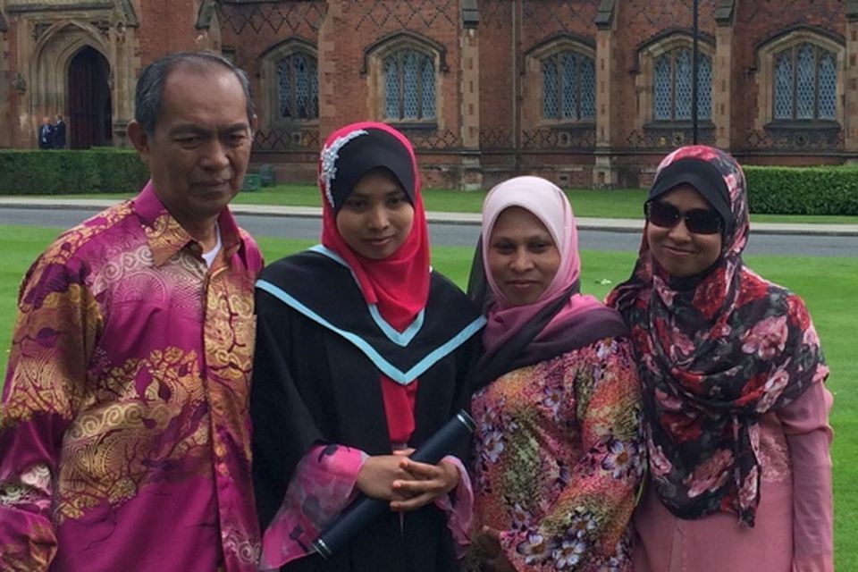 Nur Farahin Abdul Rahim, from Malaysia, is graduating today (Friday) from the School of Medicine, Dentistry and Biomedical Sciences at Queens University.  She begins work as a doctor in Hull Royal Infirmary after she graduates.She is pictured with her father Abdul, mother Nafisah, and sister Nur Fazdlin.