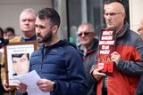 thumbnail: Damian Brown, the grandson of Sean Brown who was murdered by loyalist paramilitaries in 1997, speaks at a protest against the Legacy Act in Belfast. Pic by Stephen Davison/Pacemaker.