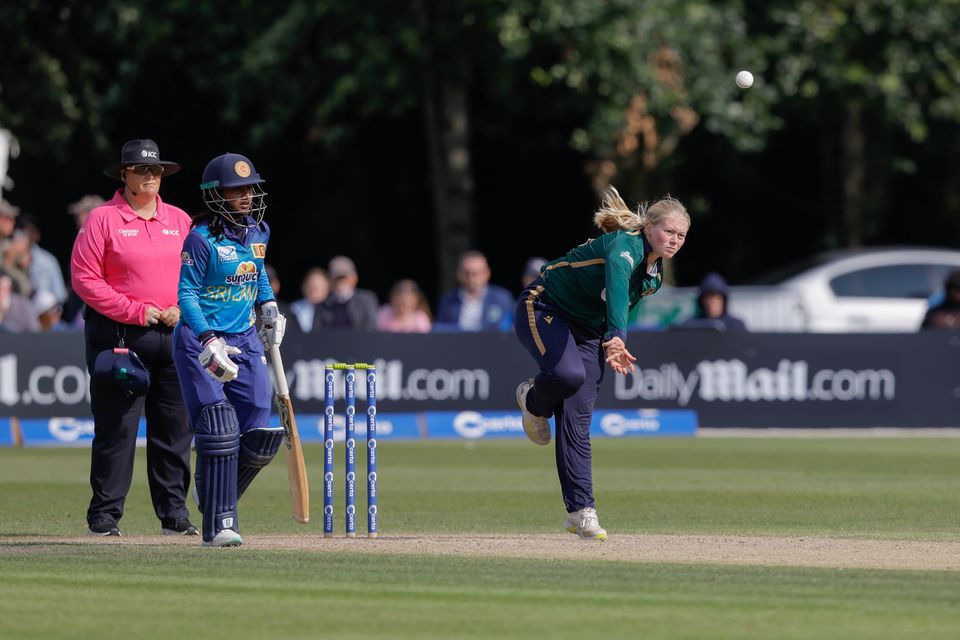 Freya Sargent bowls for Ireland during their second one-day international win over Sri Lanka