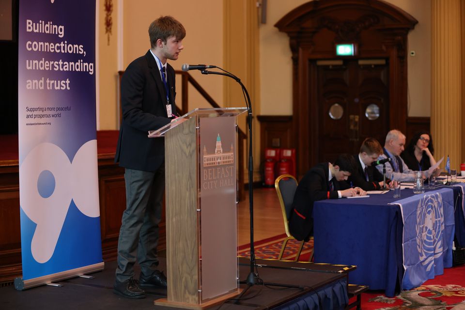 Pupil William Mulligan speaks at the COP 29 Student Climate Negotiation Simulation at Belfast City Hall, Tuesday, Nov 19, 2024.  Picture by Peter Morrison