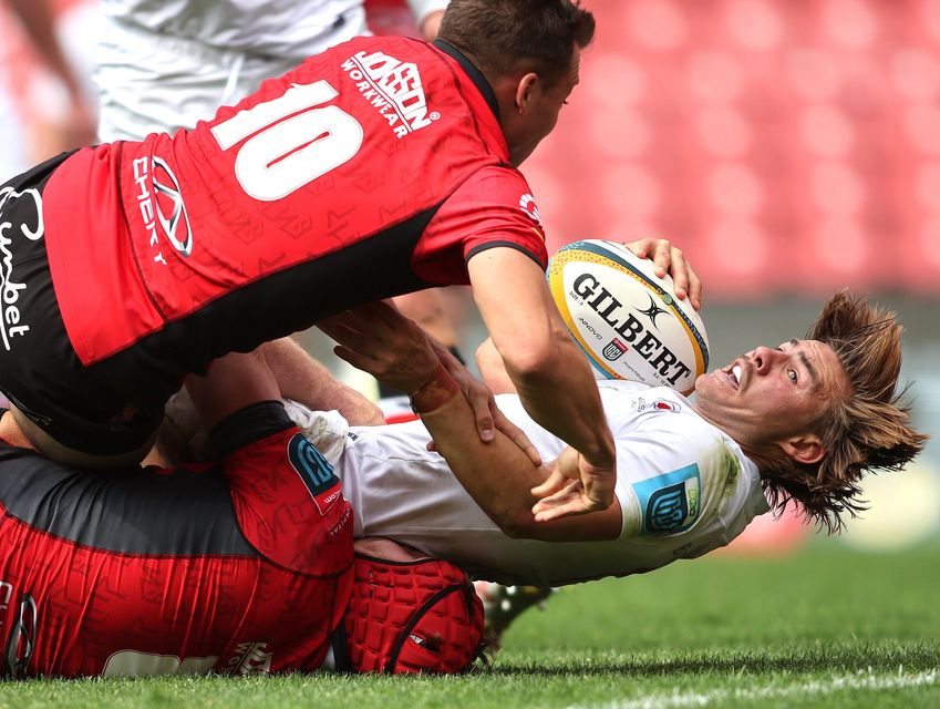 Aidan Morgan is tackled short of the try line during Ulster's United Rugby Championship defeat to the Lions