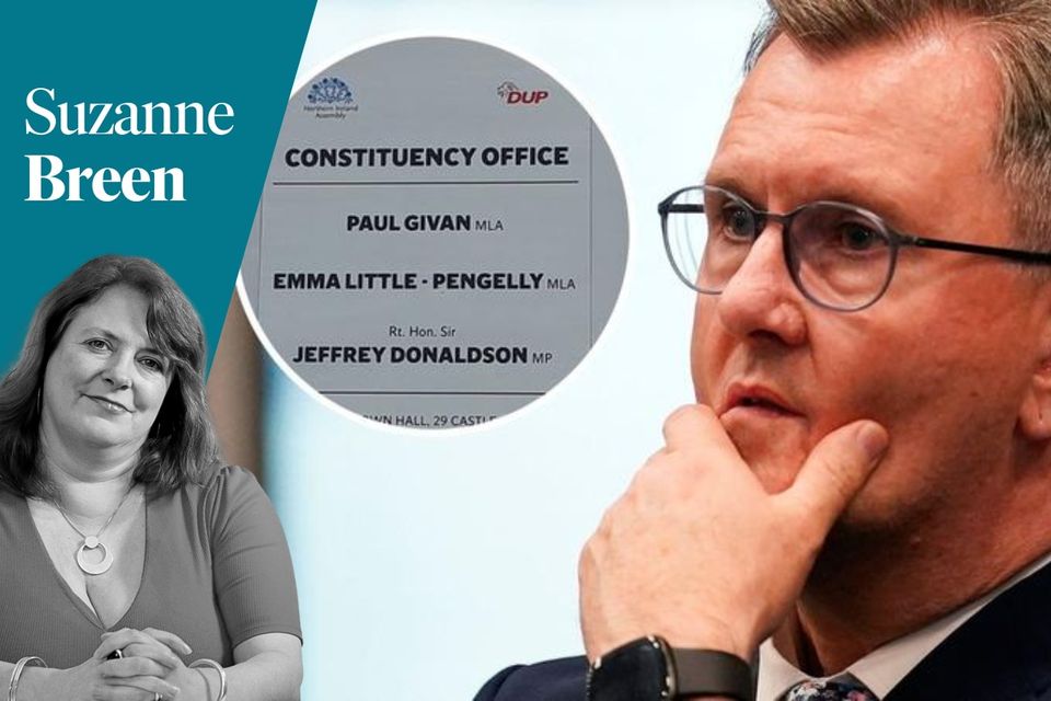 Sir Jeffrey's Donaldson's name remains at the door of the DUP constituency office in Lisburn