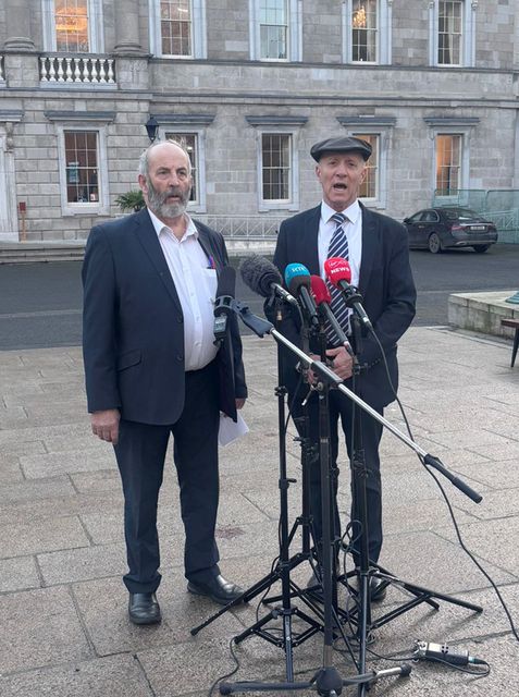 Danny Healy-Rae and Michael Healy-Rae speak to the media outside Leinster House, Dublin, after it was confirmed that Michael will take up a junior role in the new government (Cate McCurry/PA)