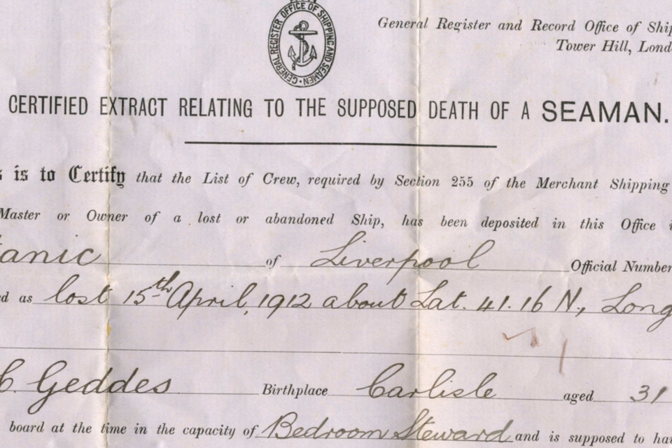 A document confirming the death of a steward, to accompany a letter he wrote that is going under the hammer