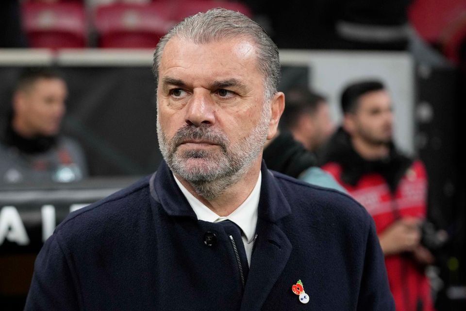 Tottenham’head coach Ange Postecoglou watches on at Galatasaray (Khalil Hamra/AP)