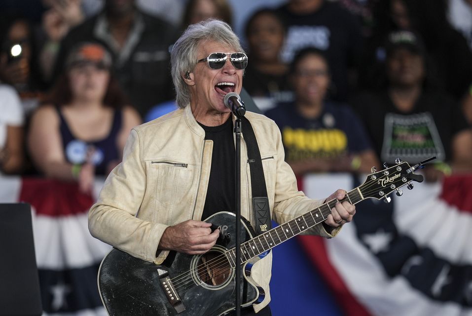 Jon Bon Jovi performs during a rally for Kamala Harris on Saturday (Mike Stewart/AP)