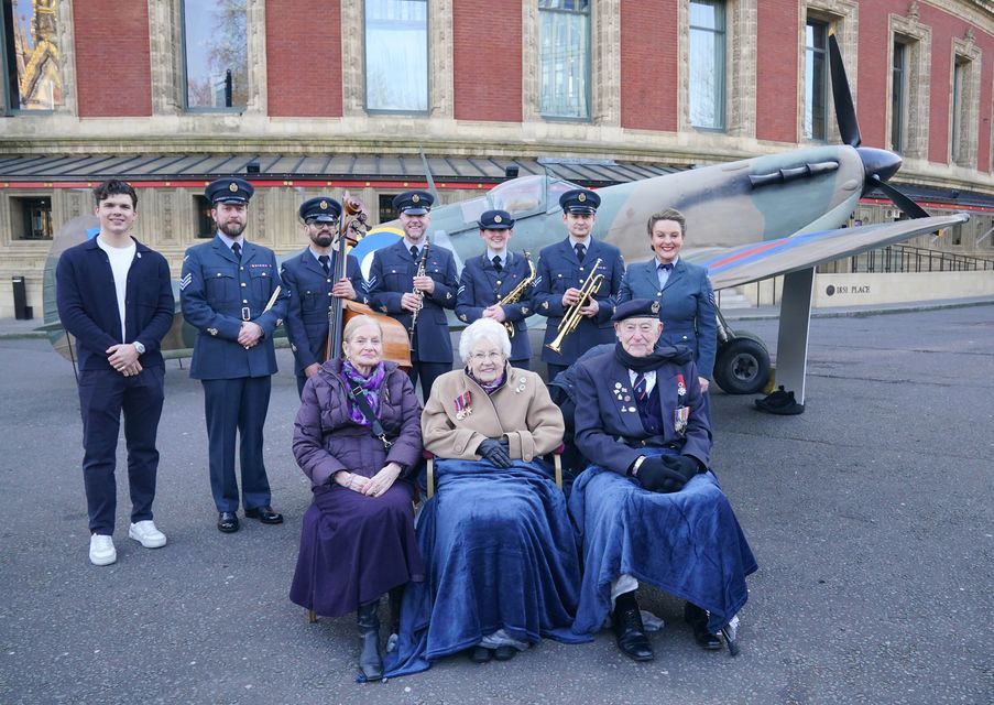 Doreen Simson, Ruth Barnwell and Henry Rice were joined by Traitors winner Harry Clark and members of the Squadronaires and D-Day Darlings to mark 80 days until a concert at the Royal Albert Hall to mark the 80th anniversary of VE Day (Jonathan Brady/PA)