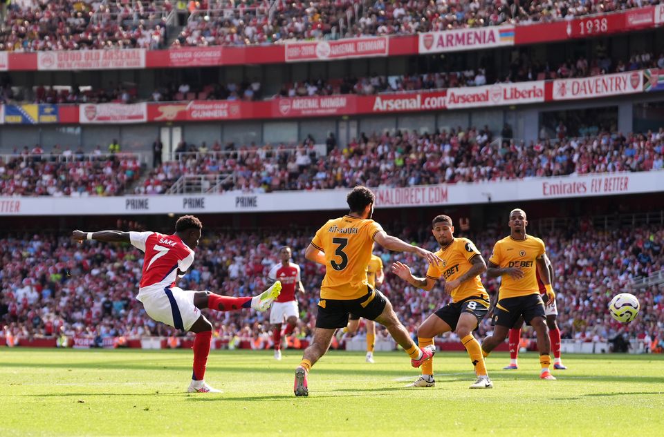 Bukayo Saka fires home Arsenal’s second (Adam Davy/PA).