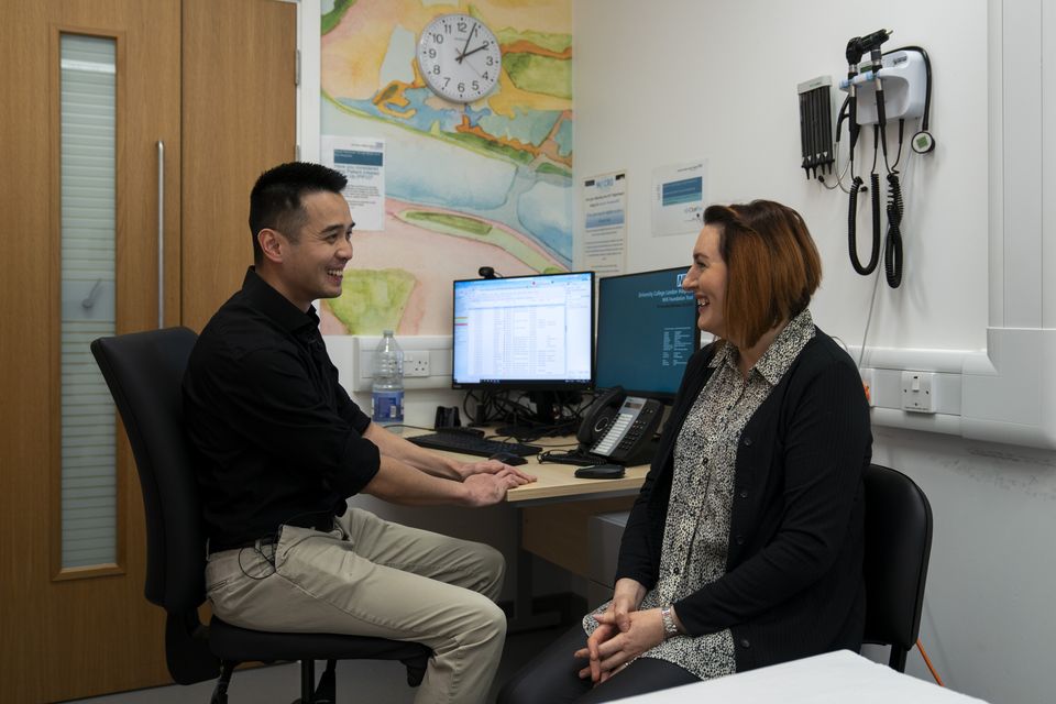 Inspire patient Olivia Rushton speaking with Mr Cheong about the results of her sleep study (Ben Whitley/PA)