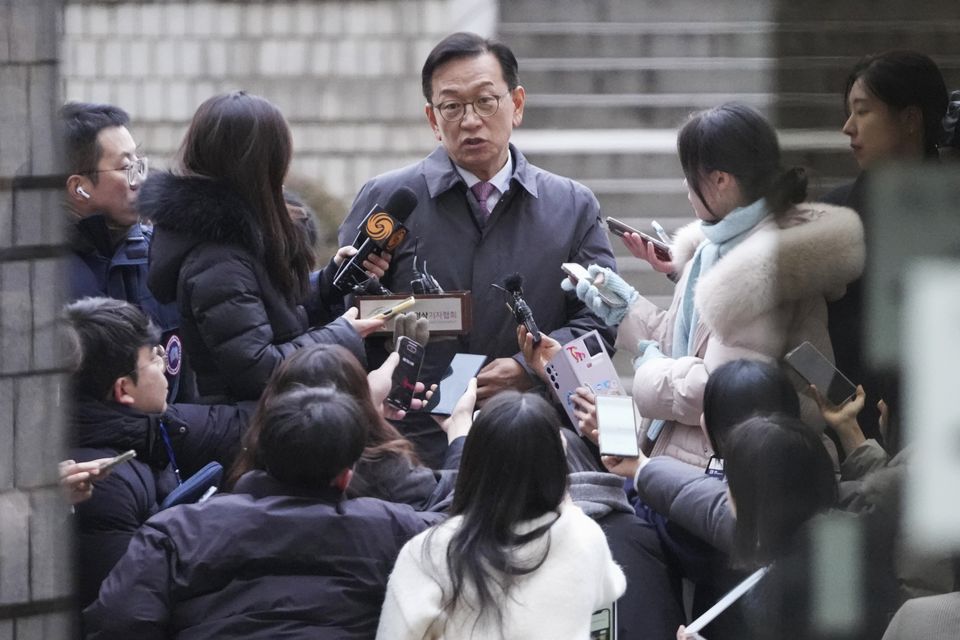 Seok Dong-hyeon, a lawyer for South Korea’s impeached President Yoon Suk Yeol, speaks to the media at the Seoul Central District Court (Lee Jin-man/AP)