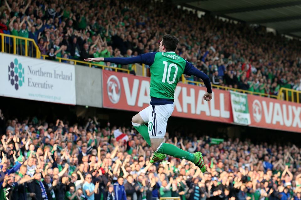 Northern Ireland's Kyle Lafferty celebrates his goal during tonight's game at Windsor Park, Belfast.  Photo by David Maginnis/Pacemaker Press