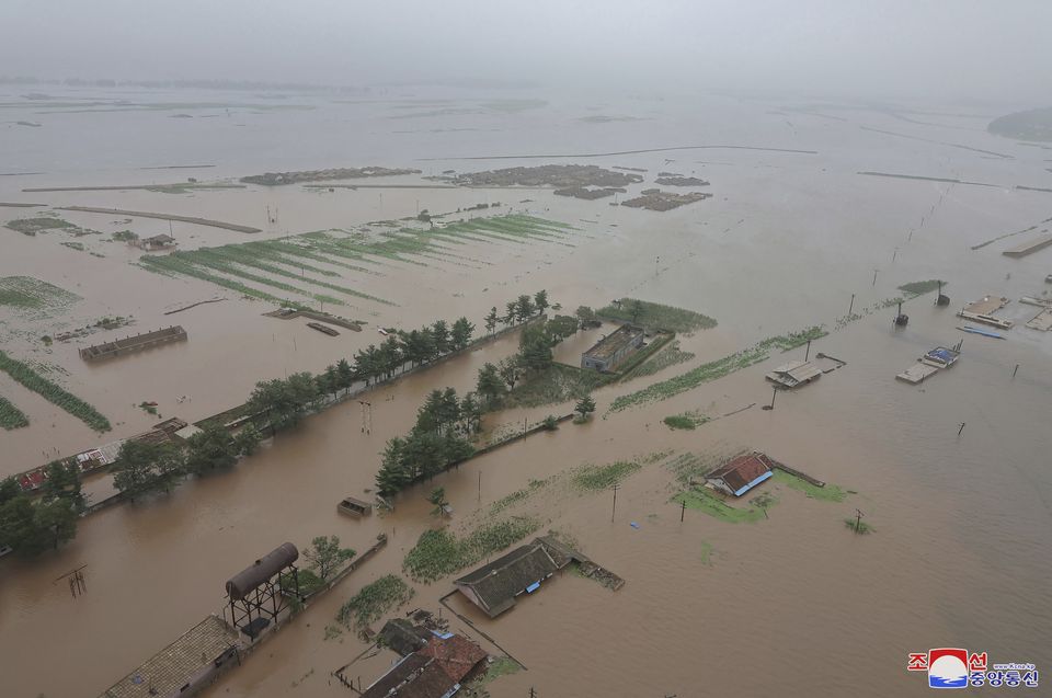 Large parts of North Phyongan province were left under water following heavy rain at the end of last month (Korean Central News Agency/Korea News Service/AP)