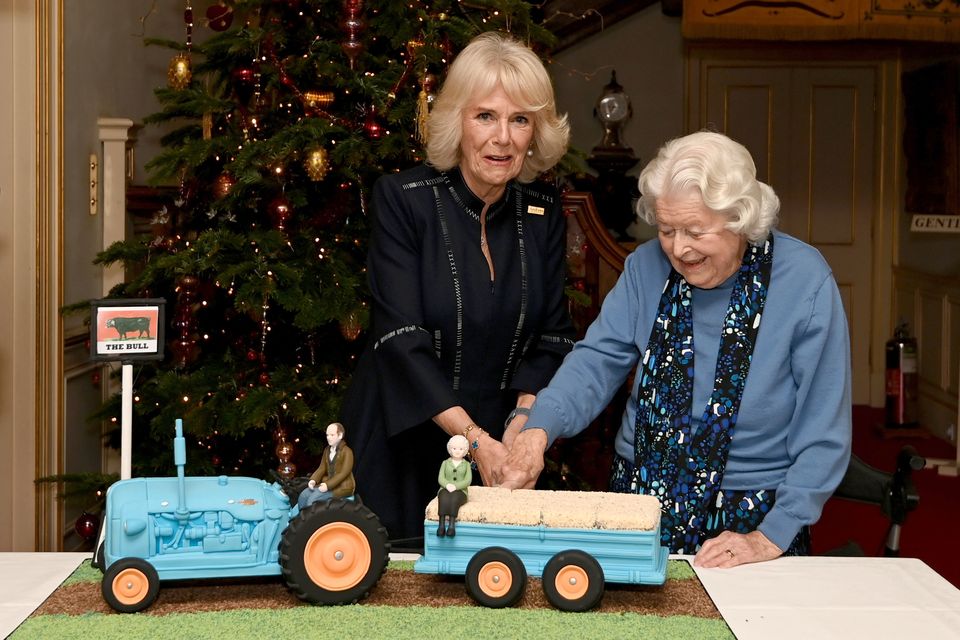 The Queen, then Duchess of Cornwall, with June Spencer cutting an Archers-themed cake during a reception to celebrate the 70th anniversary of the show (Kate Green/PA)