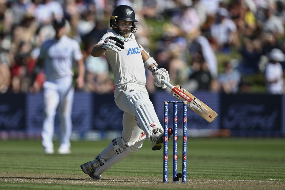 New Zealand batsman Kane Williamson attempts to kick the ball away from his stumps as he is bowled by Matthew Potts (Andrew Cornaga/Photosport/AP)