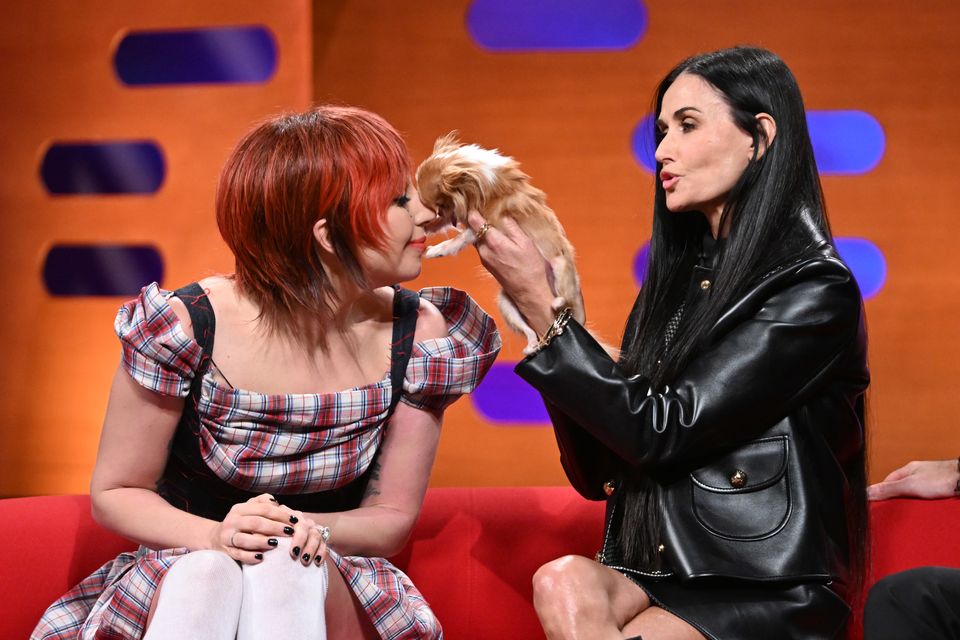 Lady Gaga, Demi Moore and Demi Moore’s dog Pilaf (Matt Crossick/PA)