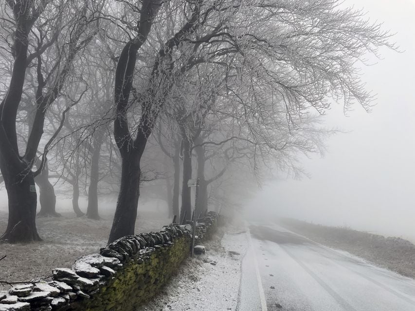 Snowy conditions combined with fog in High Bradfield, near Sheffield, on Sunday (Dave Higgens/PA)