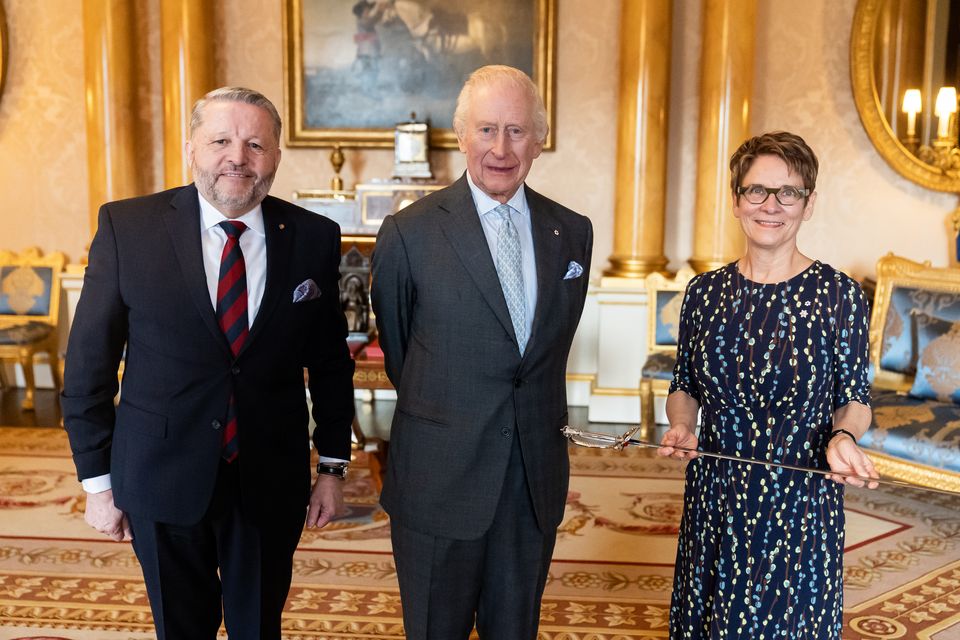 The King with Usher of the Black Rod of the Senate of Canada Gregory Peters and Senate Speaker Raymonde Gagne (Aaron Chown/PA)