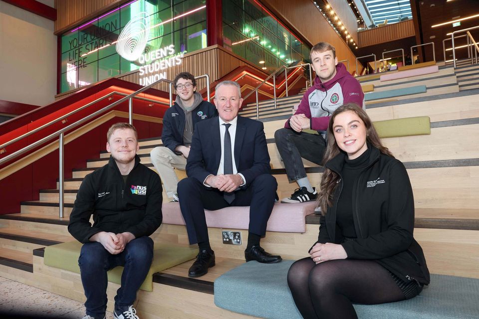 Economy Minister Conor Murphy pictured at Queen's University Belfast Students' Union with (back, from left) Kieran Minto, president at Queen's University Belfast Students' Union; Dáire Stevenson, president at St Mary's University College Students' Union; (fromt, from left) Ben Friel, president at NUS-USI; and Emily Roberts, vice-president at Ulster University Students' Union